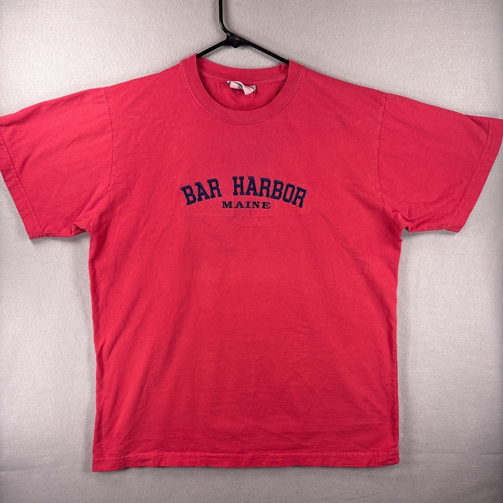 Vintage Bar Harbor Maine XL T-Shirt Embroidered Spellout Acadia Red